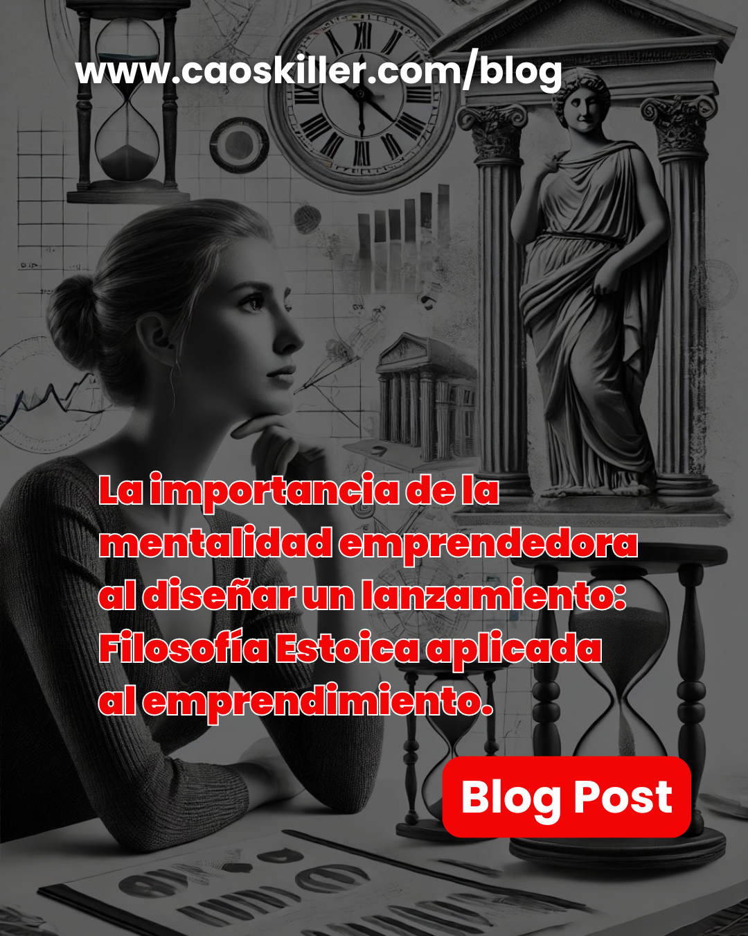 Emprendedora reflexionando sobre la planificación de un lanzamiento, con elementos de la filosofía estoica como fondo, representando el equilibrio entre la estrategia de negocio y la resiliencia emocional.